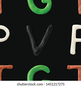 Seamless pattern with letters. Handmade modeling clay letters. Realistic 3d vector lettering background. Creative colorful design.