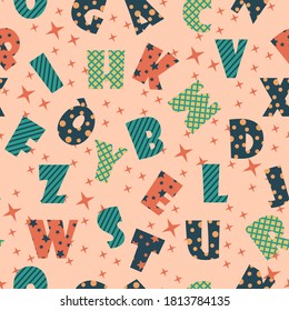 Seamless pattern from letters of the Latin alphabet. Capital letters of the Latin alphabet. Cute childish font on a pleasant pastel background.