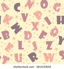 Seamless pattern from letters of the Latin alphabet. Capital letters of the Latin alphabet. Cute childish font on a pleasant pastel background.