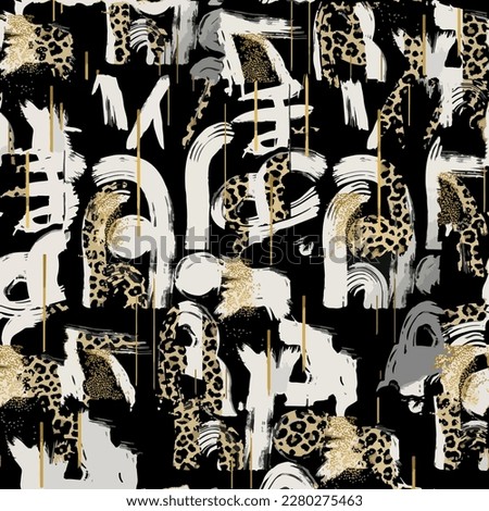 Seamless pattern of letters and leopard skin with black and white background. Animal skin and lettering pattern. Grunge textured abstract art textile print design vector illustration