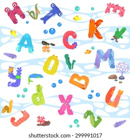 Seamless pattern from letters like sea inhabitants / There are letters of alphabet with eyes, mouths, and fins