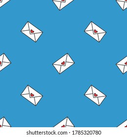 Seamless pattern with letters of love. Paper envelope decorated with a heart. Vector illustration on blue background