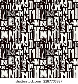 Seamless pattern with letters n in typographic style. White print on black background