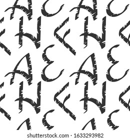 Seamless pattern with Letters . Ragged texture, Hand drawn background. Can be used as fabric, wrapping paper, background, Wallpaper, bag template, cover and other surface. Black and white