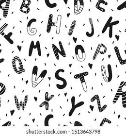 Seamless pattern from letters in the Scandinavian style of black color on a white background