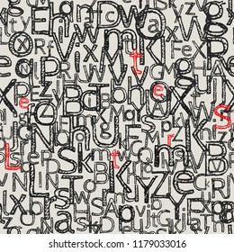 Seamless pattern from letters. Letters in a sketch style. Black on beige. Chaotically scattered on the sheet, but not inverted. Tightly adjacent to each other. Red color is allocated the word: Letters
