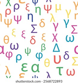 Seamless pattern Letters and symbols of the Greek alphabet. Bright Greek alphabet.