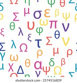 Seamless pattern Letters and symbols of the Greek alphabet. Bright Greek alphabet.