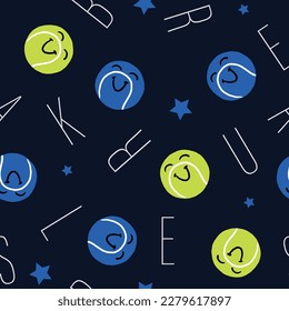 Seamless pattern with letters and tennis ball.  Background for textile, fabric, stationery, clothes, accessories and other designs.