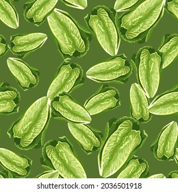Seamless pattern lettuce Romano on green background. Modern texture with salad. Random plant template for fabric. Design vector illustration.