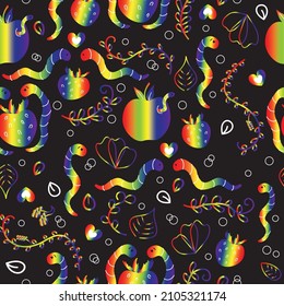 Seamless pattern in LGBT colors. Worms, apples and flowers in rainbow colors. Parade.Valentine's Day. Love. Gay rights concept.