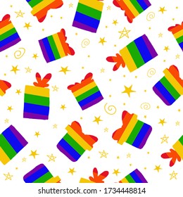 Seamless pattern for the LGBT community. Pattern with gifts and stars. Vector illustration with gifts for LGBT couples. Packaging paper design. Doodle style. Making postcards for lesbians.