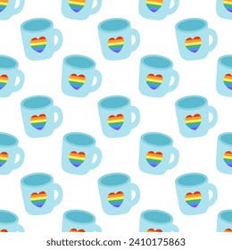 Seamless Pattern with LGBT Cute Cup with rainbow heart. LGBTQ background. Symbol of the LGBT pride community. Flat vector illustration.