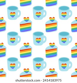 Seamless Pattern with LGBT Cute Cup with rainbow heart and Cake slice. LGBTQ background. Symbol of the LGBT pride community. Flat vector illustration.