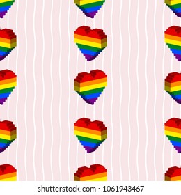 Seamless pattern lgbt heart 3d pixel art on white and pink line wave background.printing wallpaper.vector illustration