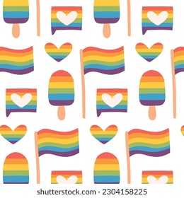 Seamless pattern with LGBT hearts, flag, ice cream. Vector illustration. Flat style. LGBT print. Pride month.