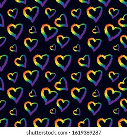A seamless pattern with LGBT hearts painted with a brush. Rainbow hearts against a light background. Vector image - love confession, gift wrapping, background and so on.