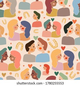 Seamless pattern with LGBT+ and heterosexual couples. Love is love. Trend pattern. Pride concept. LGBT concept.