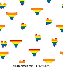 Patrón transparente con iconos LGBT. Bandera LGBT, corazones, traje de baño. Diseño de plantilla, ilustración vectorial. El amor gana. Logo de los símbolos arcoiris. Colección del orgullo gay. Pancarta colorida.
