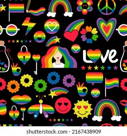 Nahtlose Muster LGBT. LGBTQ-Community, lesbisches Mädchen, Stolz-Flaggen, Regenbogen, Liebeselemente, LGBT-Pride-Monatssymbole, Herz, Emoji-Symbole und Groovy-Feiern auf schwarzem Hintergrund. Vektorgrafik.