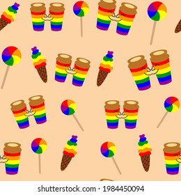 Patrón sin foco para el mes del orgullo LGBT. Derechos humanos y tolerancia. Comida arcoiris. Concepto del Orgullo Gay. Ilustración de dibujos animados
