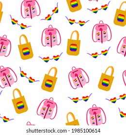 Seamless pattern for LGBT pride month. Human rights and tolerance. Rainbow elements. Concept of Gay Pride. Vector cartoon illustration