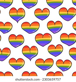 Seamless pattern with LGBT rainbow flag hearts. Pride month, doodle love symbols. Hand drawn flat vector illustration isolated on white background 