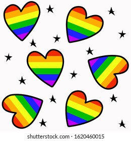 Seamless pattern of lgbt rainbow hearts and stars in cartoon style with black outline. Bright colorful stickers concept of homosexual love. Stock vector illustration isolated on white background.