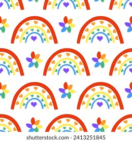 Seamless Pattern with LGBT Rainbow with hearts and flowers. LGBTQ. Symbol of the LGBT pride community. Vector flat illustration.