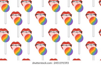 Seamless pattern with LGBT rainbow lollipop. Lips in red lipstick and mouth with teeth and tongue. Symbol of LGBTQ pride community. LGBT pride month. Vector illustration