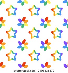 Seamless Pattern with LGBT Rainbow stars and flowers. LGBTQ. Symbol of the LGBT pride community. Vector illustration.