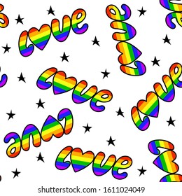 Seamless pattern of LGBT rainbow words love and stars in cartoon style with black outline. Bright colorful stickers concept of homosexual love. Stock vector illustration isolated on white background.