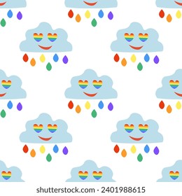 Seamless Pattern with LGBT smile cloud with drops and eyes hearts. LGBTQ. Symbol of the LGBT pride community. Rainbow. Vector flat illustration.