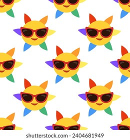 Seamless Pattern with LGBT smile sun in sunglasses. LGBTQ. Symbol of the LGBT pride community. Rainbow. Vector flat illustration.