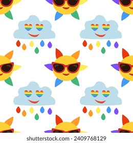 Seamless Pattern with LGBT smile sun in sunglasses and cloud with drops and eyes hearts. LGBTQ. Symbol of the LGBT pride community. Rainbow. Vector flat illustration.