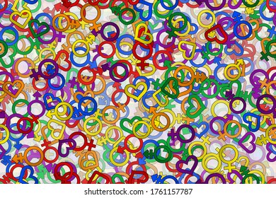 seamless pattern of lgbt symbols chaotic order,  lgbt flag colors, editable vector illustration