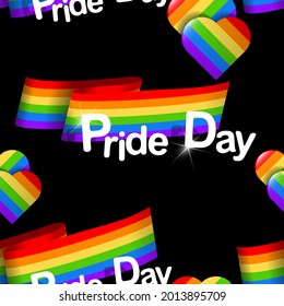 seamless pattern with LGBT symbols. overlapping abstract rainbow hearts, lgbt flags, white "pride day" lettering randomly placed on a black background. vector 