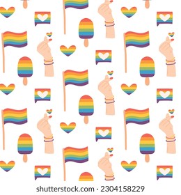 Patrón sin inconvenientes con los símbolos LGBT. Ilustración vectorial. Estilo plano. Impresión LGBT. Mes del orgullo.