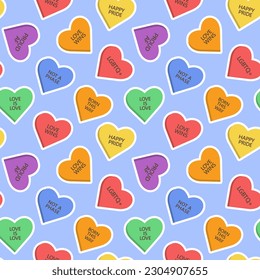 Seamless pattern with LGBTQ community phrases and sayings. Rainbow colored candy hearts. Pride month. Retro groovy style