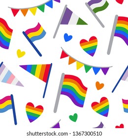 Seamless pattern with LGBTQ community pride flags: gay, genderqueer, pansexual, intersexual. Pride month symbol. Hand drawn vector illustration for wrapping paper, fabric, print, wallpaper.