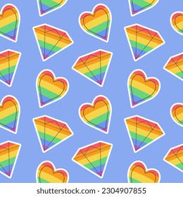 Seamless pattern with LGBTQ community rainbow symbol. Pride month. Retro groovy style
