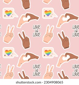 Seamless pattern with LGBTQ community symbols and phrases. Pride month. Retro groovy style
