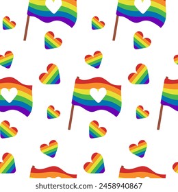 Nahtloses Muster LGBTQ Flagge und Herzen mit Regenbogen in flachem Stil. Friedens- und Gleichheitskonzept. Vektorgrafik Handgezeichnete Illustration für Pride Monat