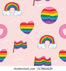 Seamless pattern LGBTQ+ or pride concept or rainbow color shapes with pink background. Seamless wallpaper. Flat vector illustration.