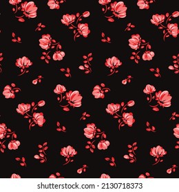 Seamless pattern with liberty floral composition on a black background. Romantic floral print with small red flowers, hand-drawn leaves, twigs. Artistic dark botanical background. Vector illustration.