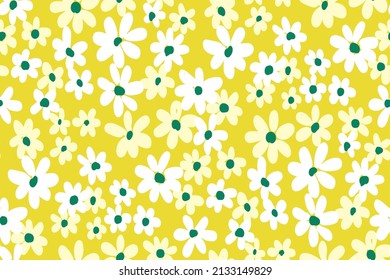 Seamless pattern with liberty flower arrangement. Simple floral print with small hand-drawn flowers, leaves. Romantic botanical background, yellow botany surface. Vector illustration.