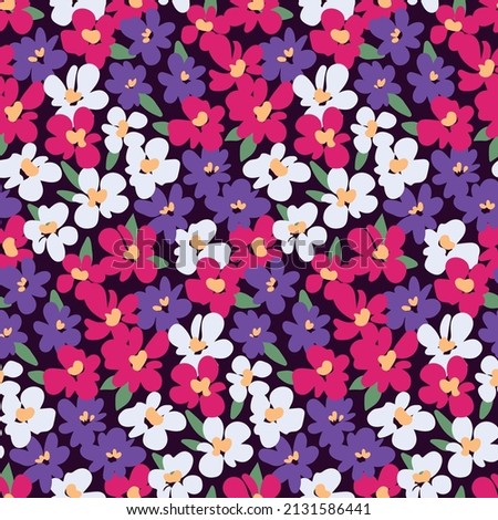 Seamless pattern with liberty flower meadow. Summer floral print with bright hand drawn flowers, leaves on a dark field. Cute botanical background, botanical surface with small pink flowers. Vector.