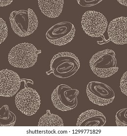 Seamless pattern with lichee: lichee fruit and leaves. Vector hand drawn illustration. 