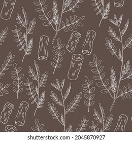 Seamless pattern Licorice flowers vector hand drawn illustration isolated on brown backdrop, ink line art sketch, decorative herbal doodle texture, medical herb for design cosmetic, natural medicine