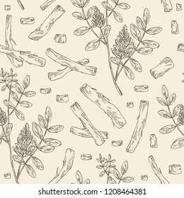 Seamless Pattern With Licorice: Licorice Plant, Flowers And Licorice Root. Cosmetics And Medical Plant. Vector Hand Drawn Illustration.